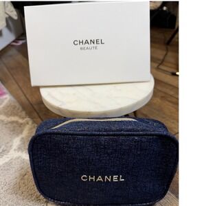 Chanel Beaute Navy Blue Tweed Gold Metallic Cosmetic Makeup Bag Pouch with Box